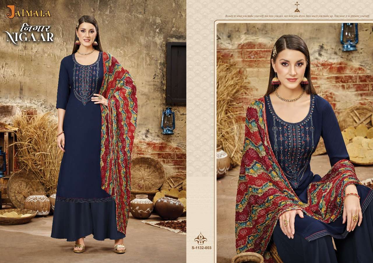 NIGAAR 1132 SERIES BY JAIMALA 1132-001 TO 1132-006 SERIES BEAUTIFUL SUITS COLORFUL STYLISH FANCY CASUAL WEAR & ETHNIC WEAR PURE RAYON SLUB DRESSES AT WHOLESALE PRICE