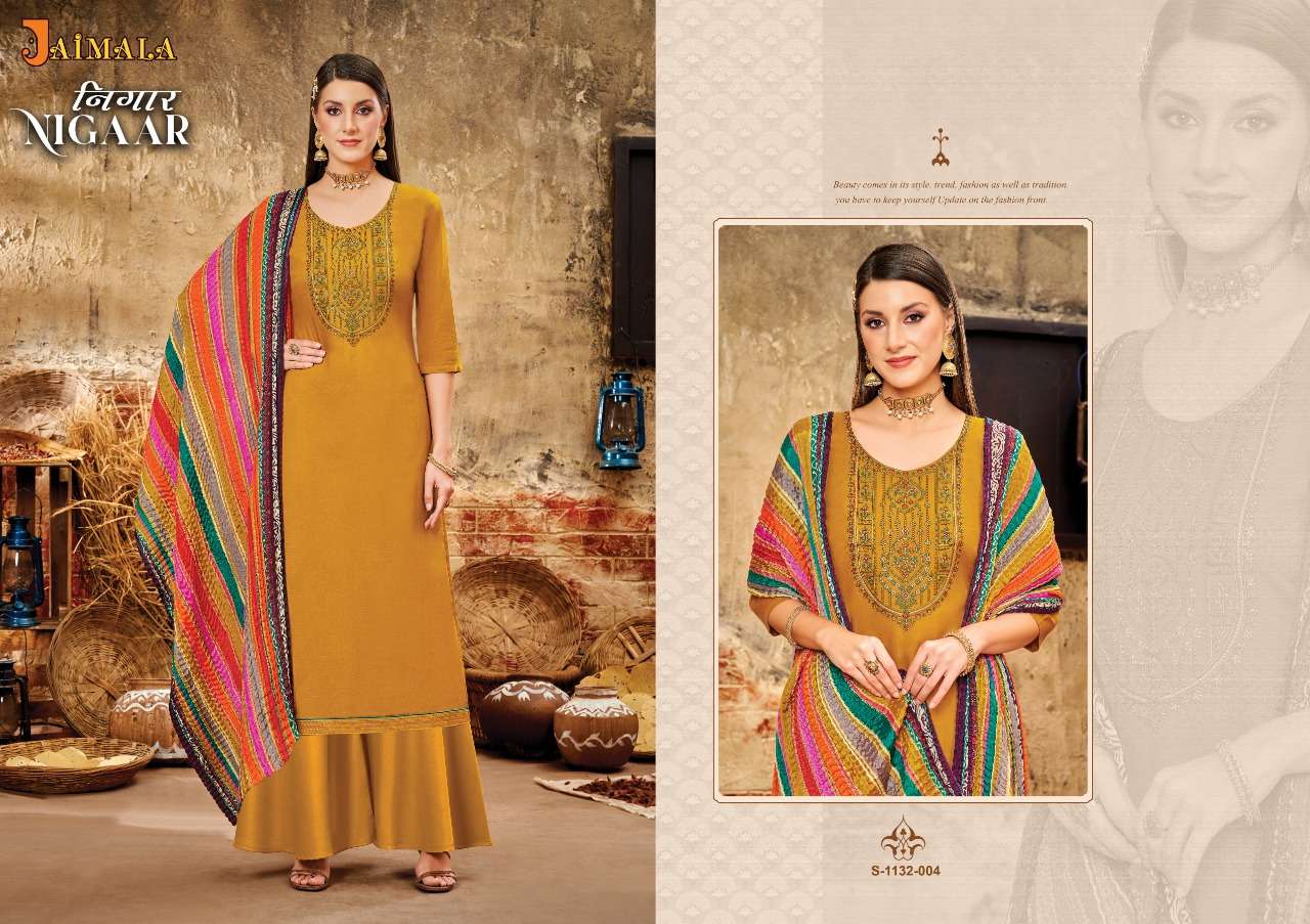 NIGAAR 1132 SERIES BY JAIMALA 1132-001 TO 1132-006 SERIES BEAUTIFUL SUITS COLORFUL STYLISH FANCY CASUAL WEAR & ETHNIC WEAR PURE RAYON SLUB DRESSES AT WHOLESALE PRICE
