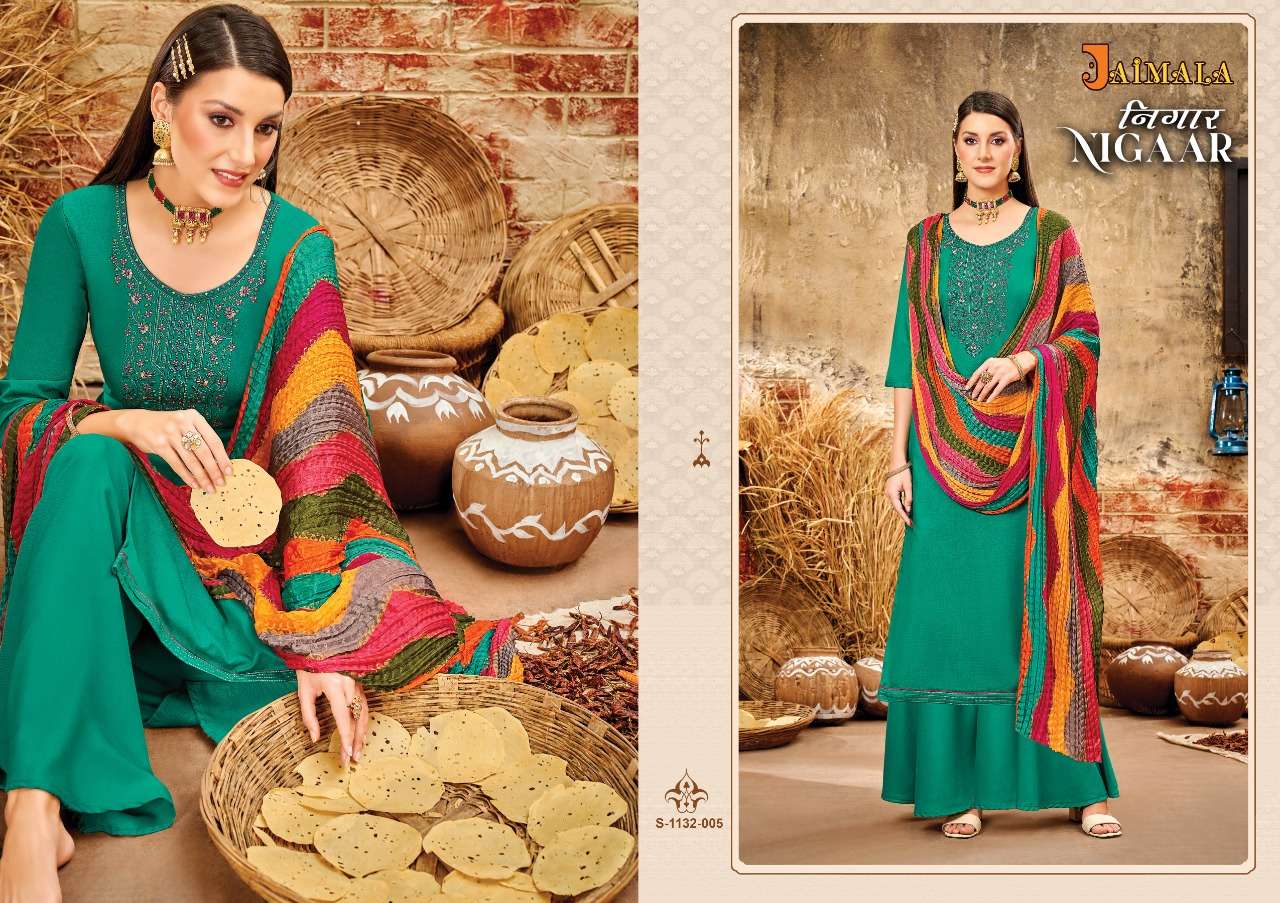 NIGAAR 1132 SERIES BY JAIMALA 1132-001 TO 1132-006 SERIES BEAUTIFUL SUITS COLORFUL STYLISH FANCY CASUAL WEAR & ETHNIC WEAR PURE RAYON SLUB DRESSES AT WHOLESALE PRICE