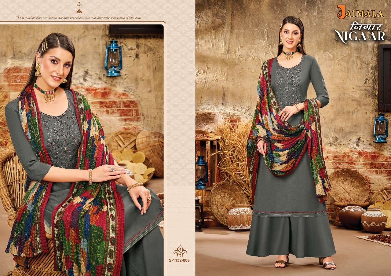 NIGAAR 1132 SERIES BY JAIMALA 1132-001 TO 1132-006 SERIES BEAUTIFUL SUITS COLORFUL STYLISH FANCY CASUAL WEAR & ETHNIC WEAR PURE RAYON SLUB DRESSES AT WHOLESALE PRICE