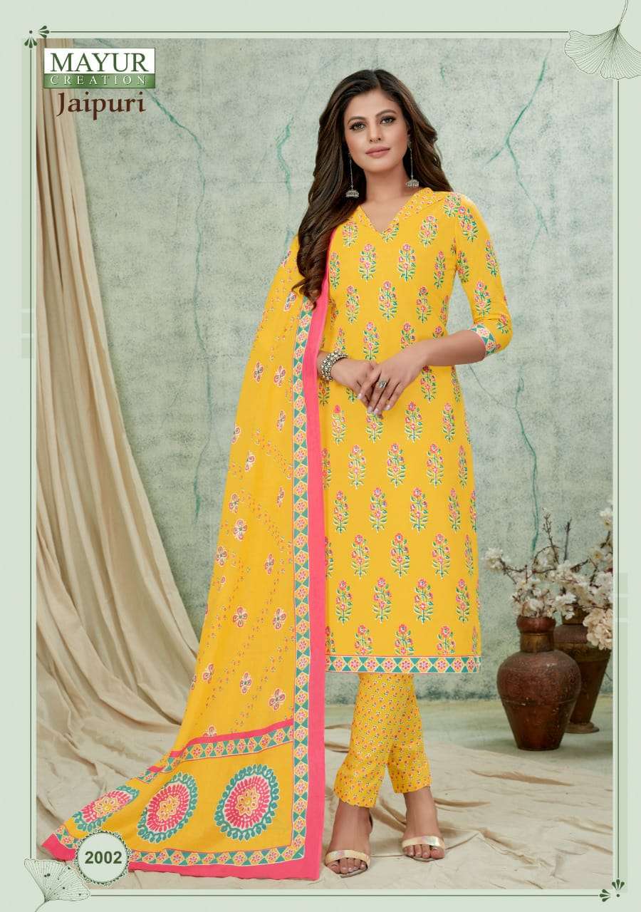 JAIPURI VOL-2 BY MAYUR CREATION 2001 TO 2010 SERIES BEAUTIFUL SUITS COLORFUL STYLISH FANCY CASUAL WEAR & ETHNIC WEAR PURE COTTON PRINT DRESSES AT WHOLESALE PRICE