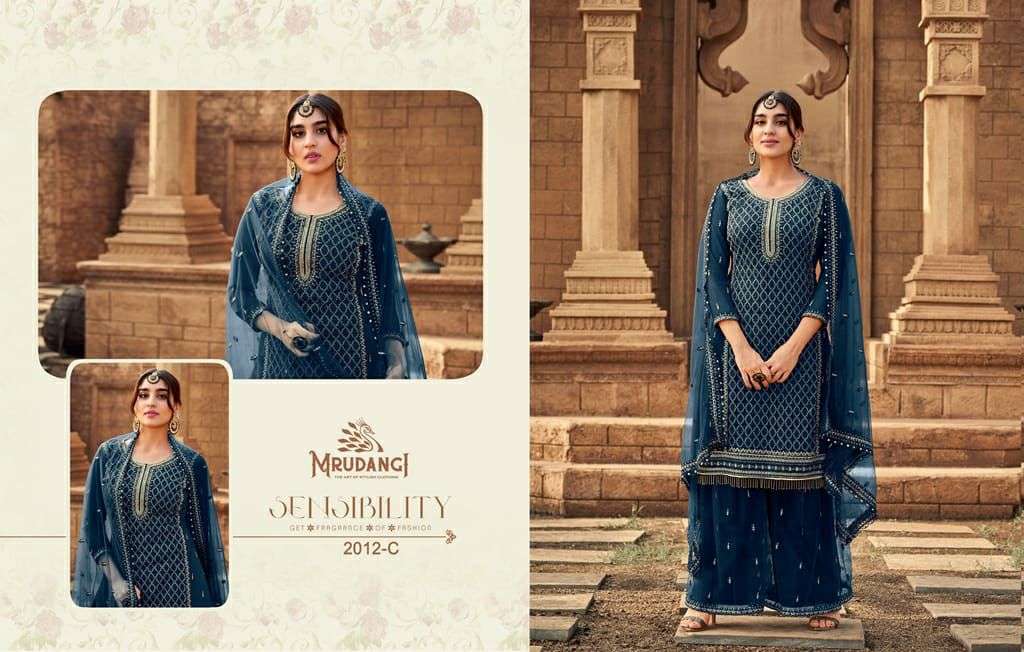 Gulabo Colour Edition Vol-4 By Mrudangi 2012-A To 2012-D Series Beautiful Stylish Sharara Suits Fancy Colorful Casual Wear & Ethnic Wear & Ready To Wear Heavy Georgette Embroidered Dresses At Wholesale Price