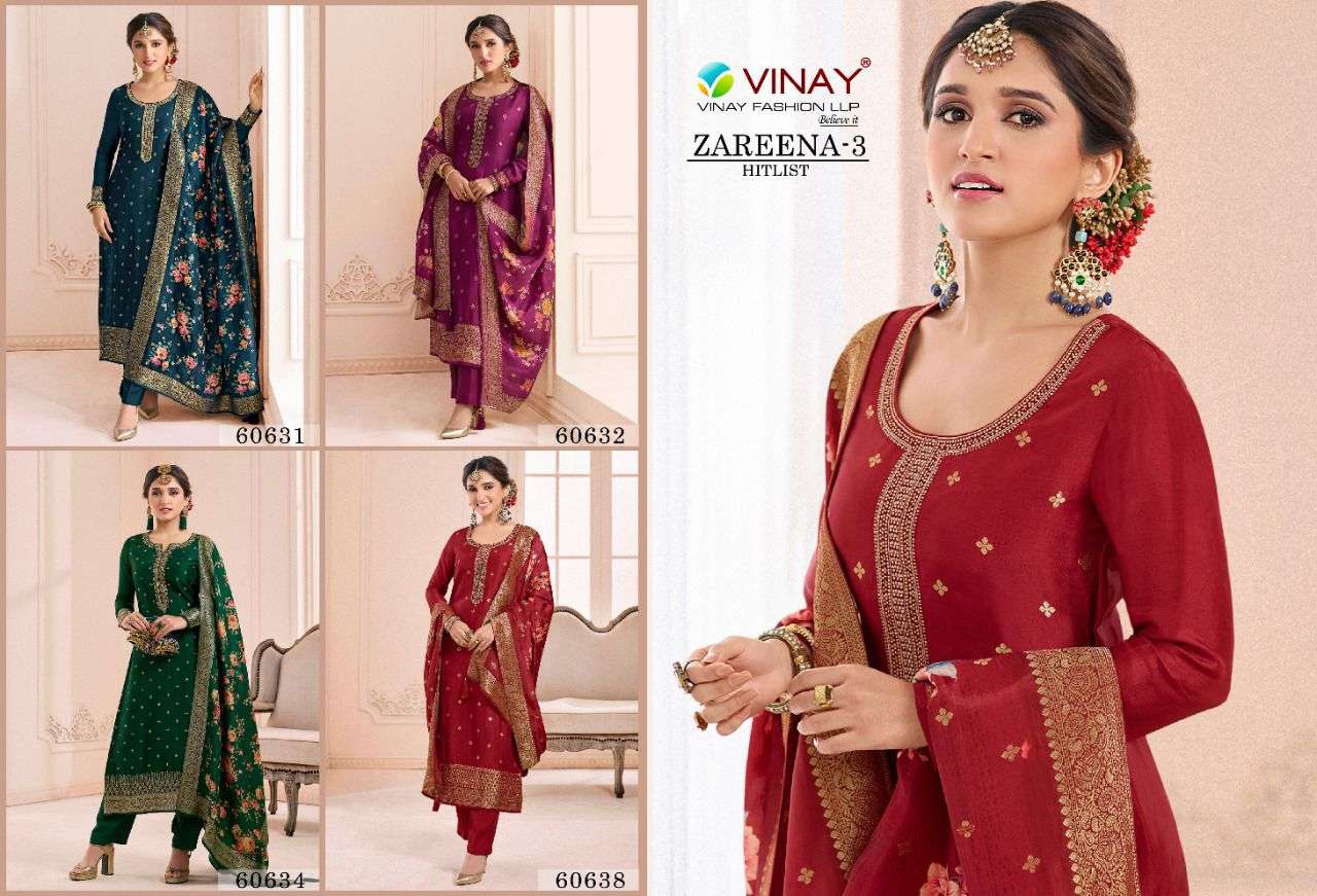 KASEESH ZAREENA VOL-3 HITLIST BY VINAY FASHION BEAUTIFUL STYLISH SUITS FANCY COLORFUL CASUAL WEAR & ETHNIC WEAR & READY TO WEAR DOLA JACQUARD EMBROIDERY DRESSES AT WHOLESALE PRICE