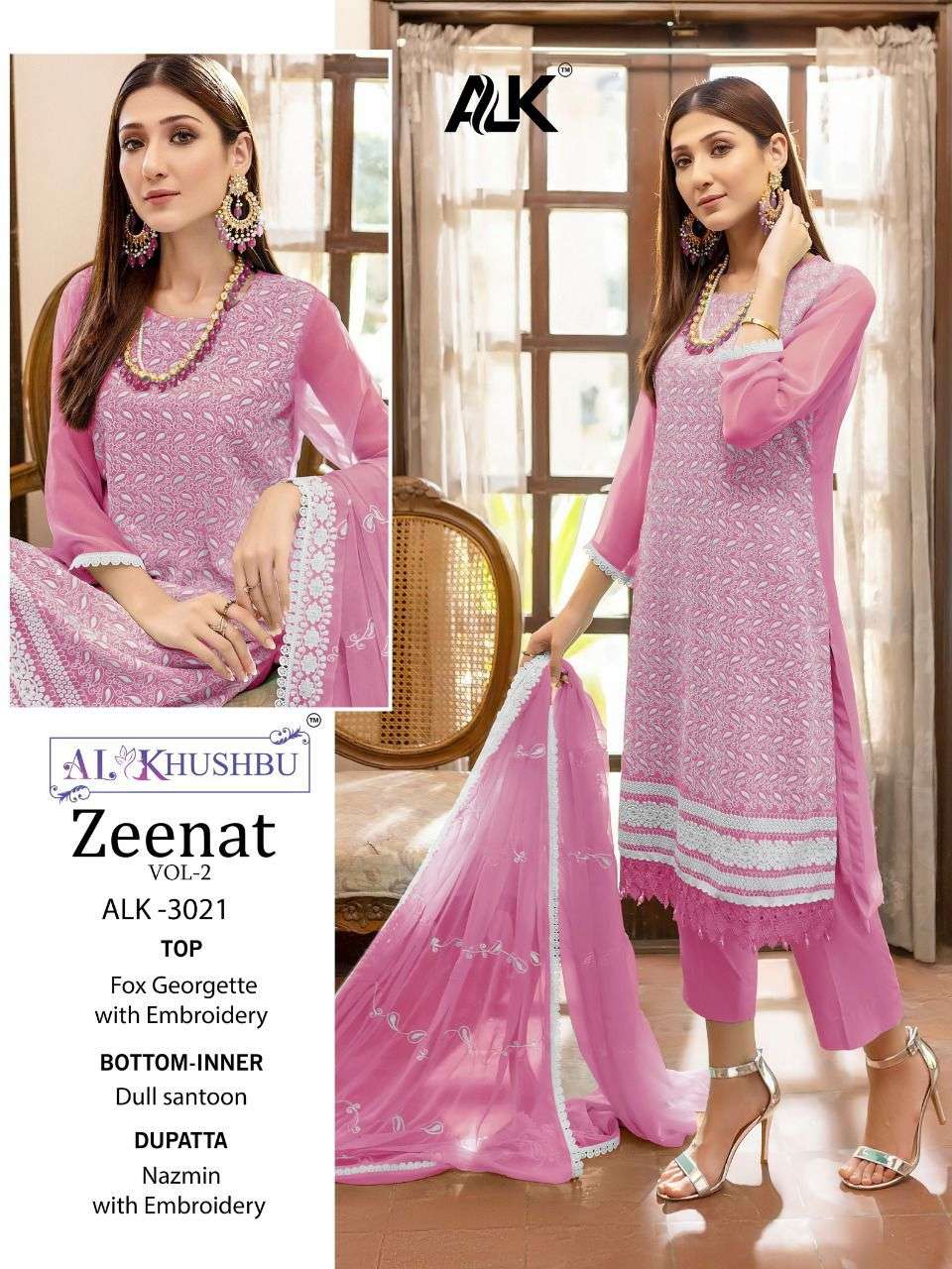 Zeenat Vol-2 By Al Khushbu 3021 To 3025 Series Beautiful Stylish Pakistani Suits Fancy Colorful Casual Wear & Ethnic Wear & Ready To Wear Faux Georgette Dresses At Wholesale Price