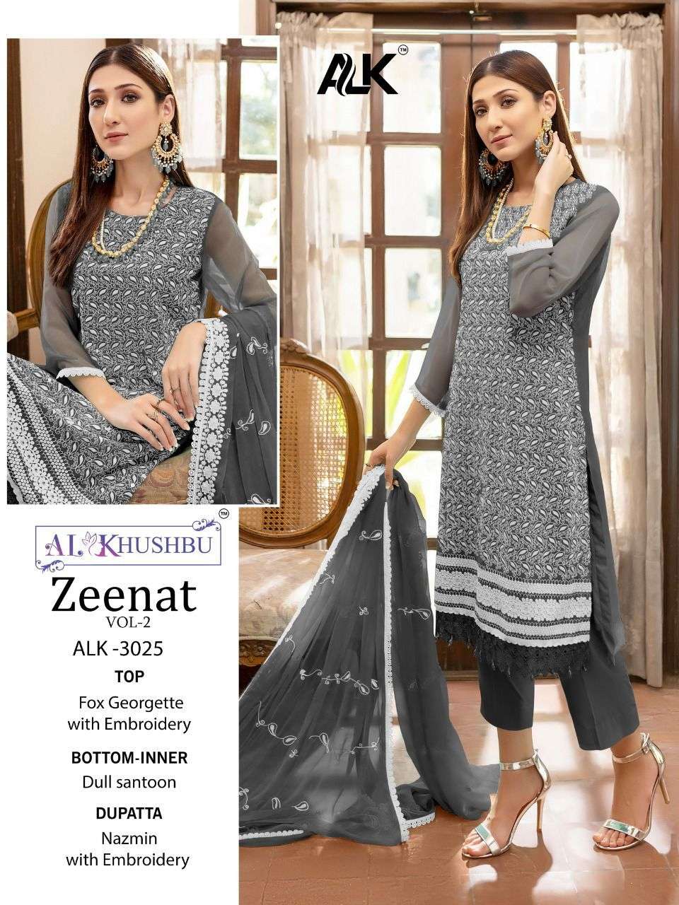 Zeenat Vol-2 By Al Khushbu 3021 To 3025 Series Beautiful Stylish Pakistani Suits Fancy Colorful Casual Wear & Ethnic Wear & Ready To Wear Faux Georgette Dresses At Wholesale Price