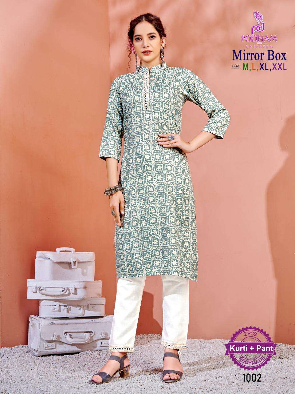 MIRROR BOX BY POONAM DESIGNER 1001 TO 1004 SERIES DESIGNER STYLISH FANCY COLORFUL BEAUTIFUL PARTY WEAR & ETHNIC WEAR COLLECTION RAYON WITH WORK KURTIS WITH BOTTOM AT WHOLESALE PRICE