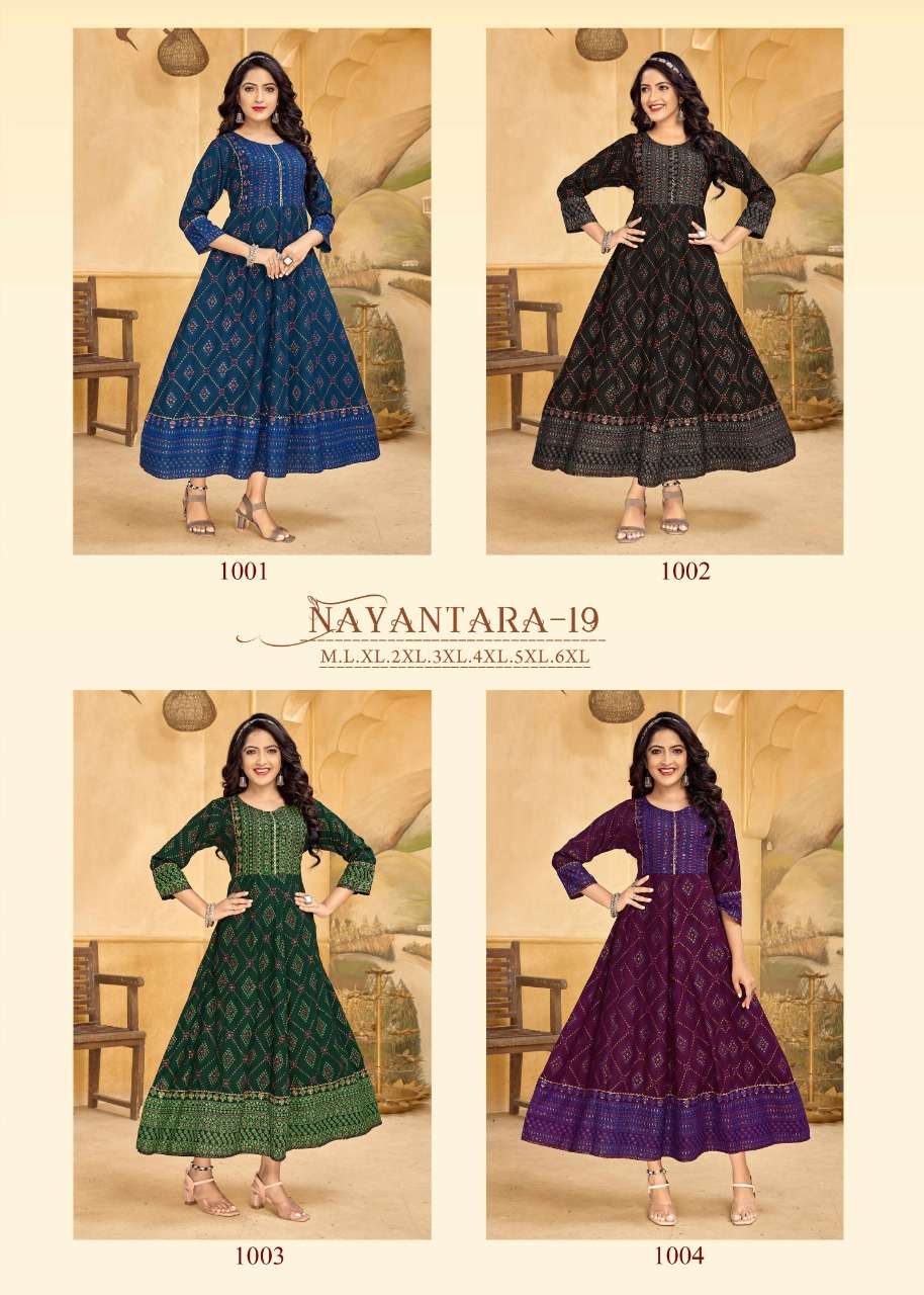 NAYANTARA VOL-19 BY BANWERY FASHION 1001 TO 1004 SERIES DESIGNER STYLISH FANCY COLORFUL BEAUTIFUL PARTY WEAR & ETHNIC WEAR COLLECTION RAYON FOIL KURTIS AT WHOLESALE PRICE