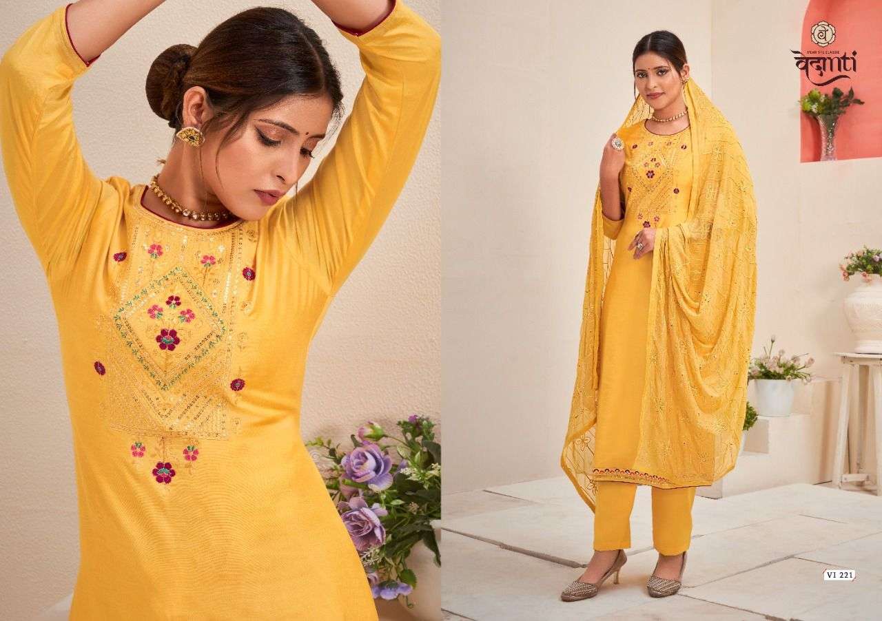 FLORA BY VEDANTI 221 TO 224 SERIES BEAUTIFUL SUITS COLORFUL STYLISH FANCY CASUAL WEAR & ETHNIC WEAR MUSLIN WITH WORK DRESSES AT WHOLESALE PRICE