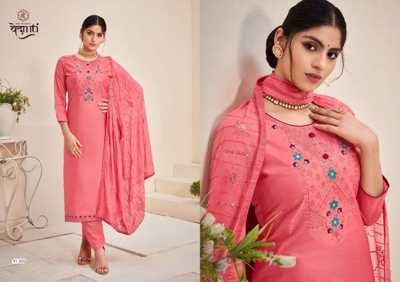 FLORA BY VEDANTI 221 TO 224 SERIES BEAUTIFUL SUITS COLORFUL STYLISH FANCY CASUAL WEAR & ETHNIC WEAR MUSLIN WITH WORK DRESSES AT WHOLESALE PRICE