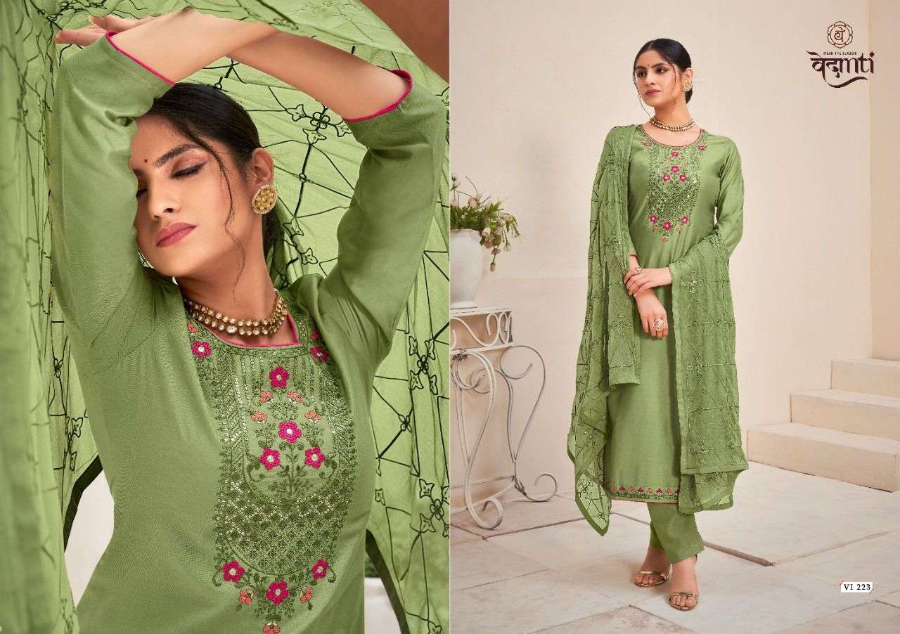 FLORA BY VEDANTI 221 TO 224 SERIES BEAUTIFUL SUITS COLORFUL STYLISH FANCY CASUAL WEAR & ETHNIC WEAR MUSLIN WITH WORK DRESSES AT WHOLESALE PRICE