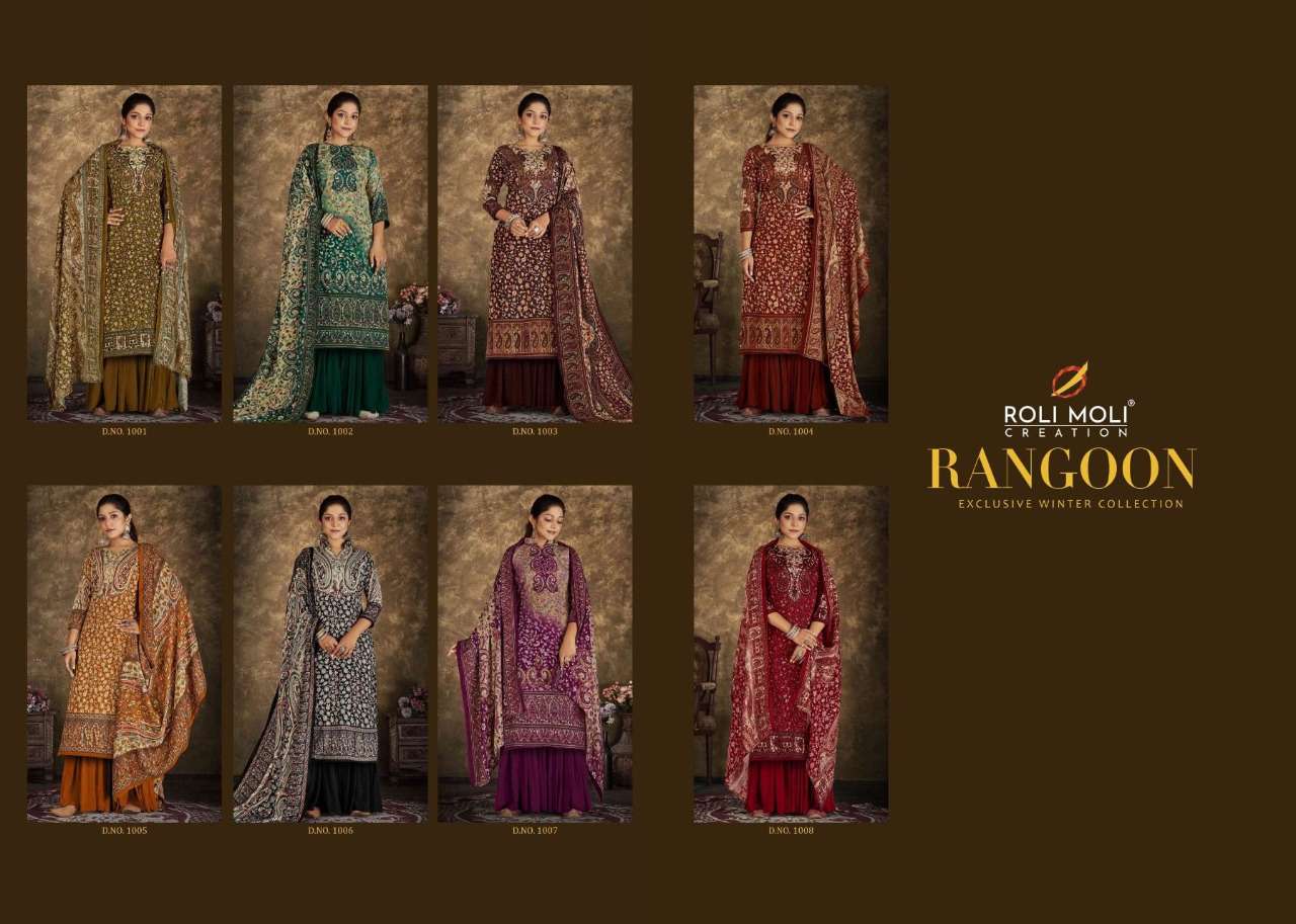 RANGOON BY ROLI MOLI 1001 TO 1008 SERIES BEAUTIFUL SUITS COLORFUL STYLISH FANCY CASUAL WEAR & ETHNIC WEAR PASHMINA PRINT WITH WORK DRESSES AT WHOLESALE PRICE