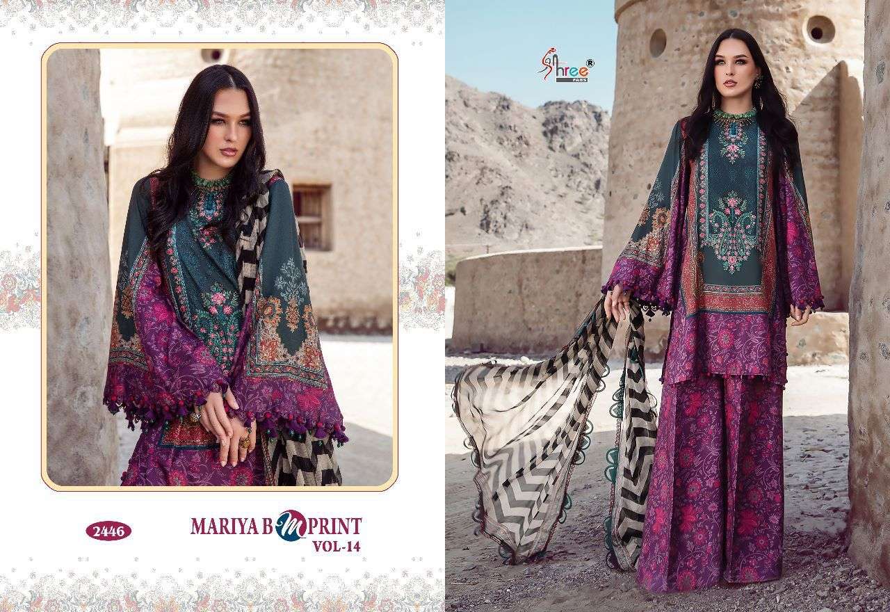 Mariya B Mprint Vol-14 By Shree Fabs 2446 To 2451 Series Beautiful Pakistani Suits Colorful Stylish Fancy Casual Wear & Ethnic Wear Pure Cotton Embroidered Dresses At Wholesale Price
