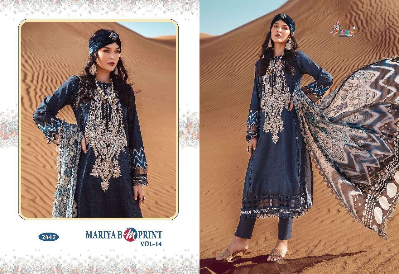 Mariya B Mprint Vol-14 By Shree Fabs 2446 To 2451 Series Beautiful Pakistani Suits Colorful Stylish Fancy Casual Wear & Ethnic Wear Pure Cotton Embroidered Dresses At Wholesale Price