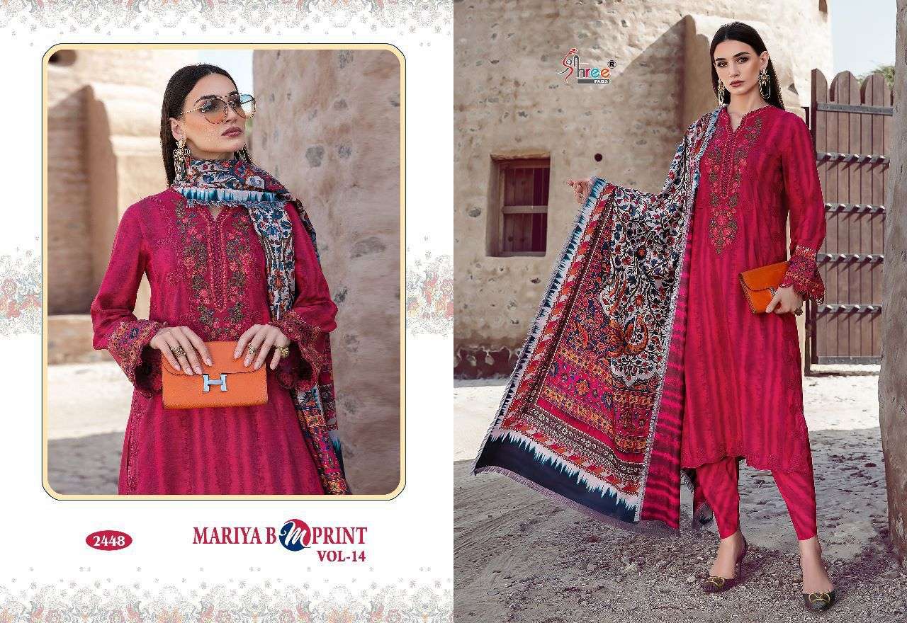 Mariya B Mprint Vol-14 By Shree Fabs 2446 To 2451 Series Beautiful Pakistani Suits Colorful Stylish Fancy Casual Wear & Ethnic Wear Pure Cotton Embroidered Dresses At Wholesale Price