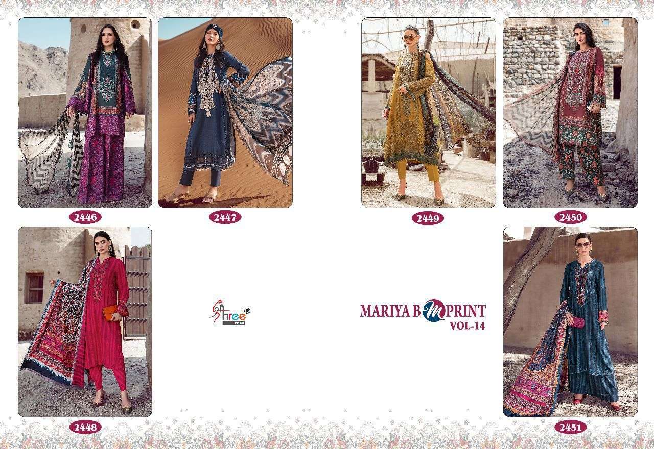 Mariya B Mprint Vol-14 By Shree Fabs 2446 To 2451 Series Beautiful Pakistani Suits Colorful Stylish Fancy Casual Wear & Ethnic Wear Pure Cotton Embroidered Dresses At Wholesale Price