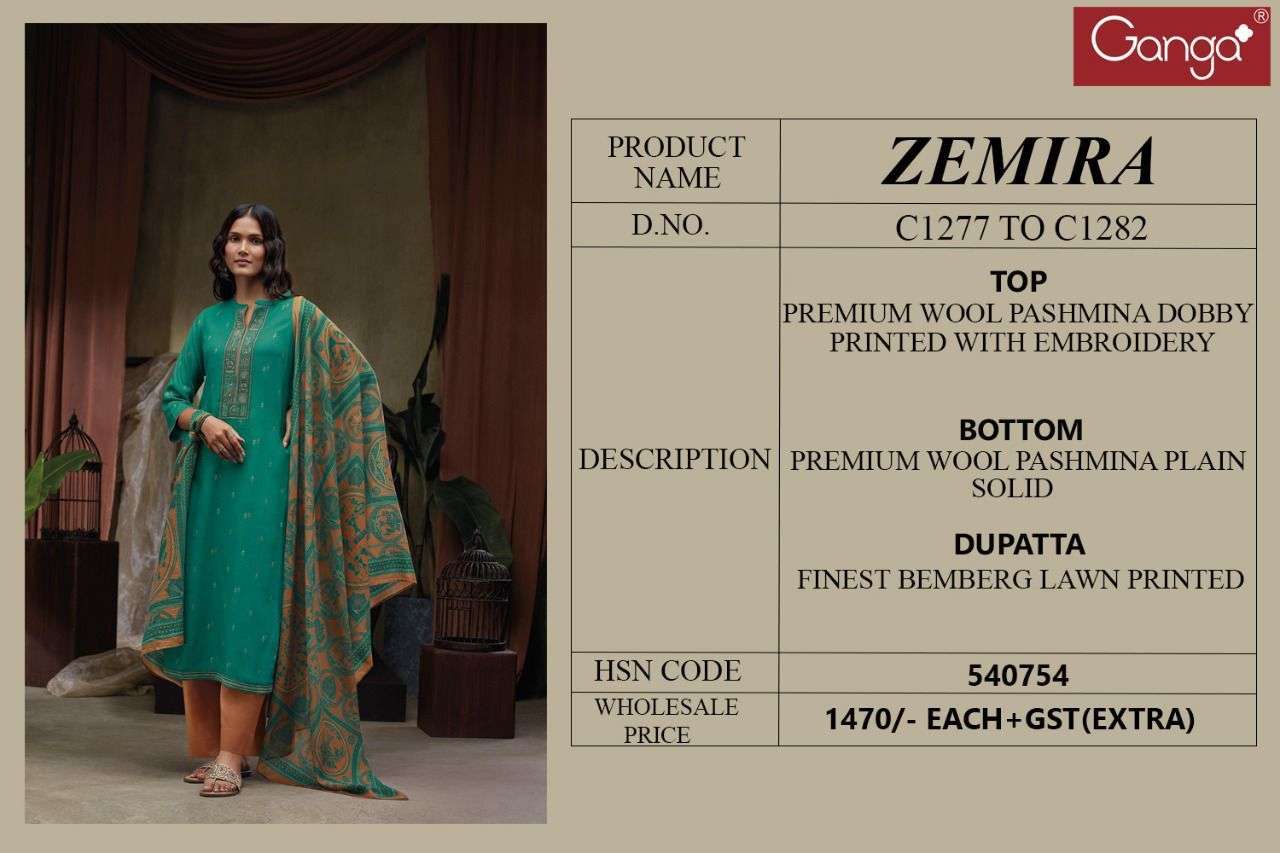 ZEMIRA BY GANGA FASHION 1277 TO 1282 SERIES DESIGNER SUITS BEAUTIFUL FANCY COLORFUL STYLISH PARTY WEAR & OCCASIONAL WEAR PREMIUM PASHMINA PRINT WITH EMBROIDERY DRESSES AT WHOLESALE PRICE