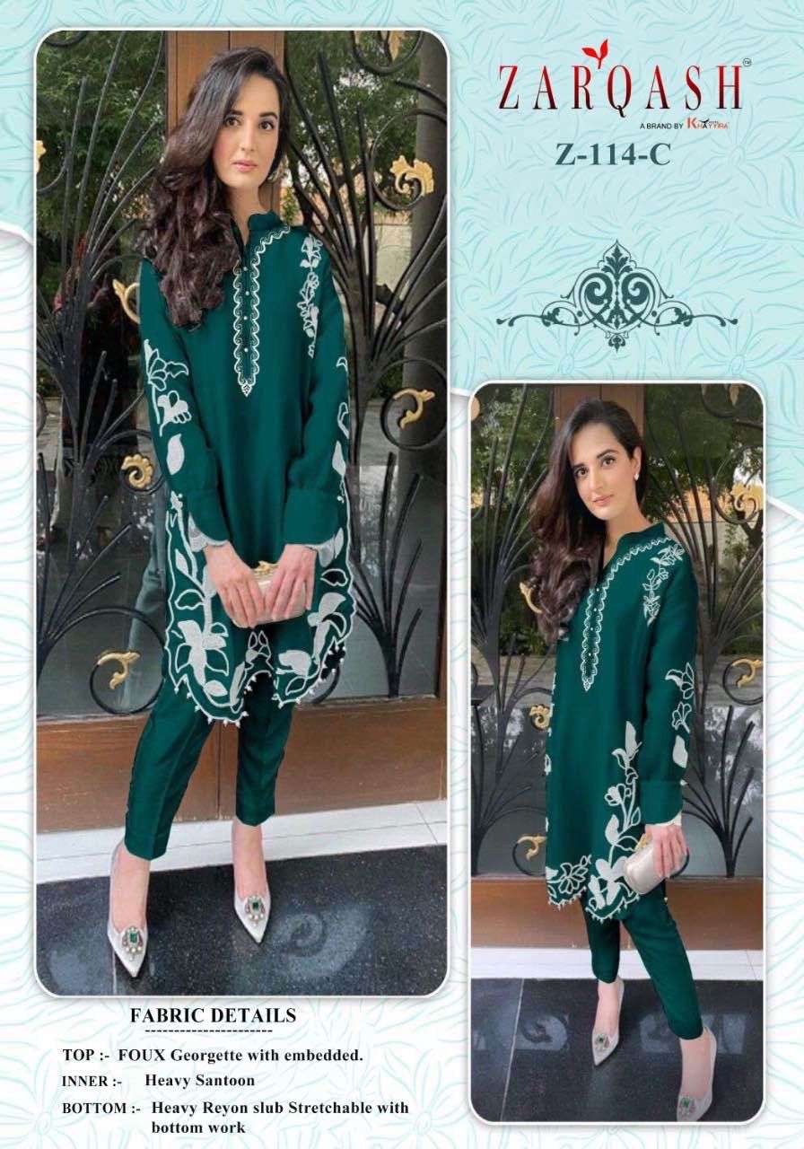 ZARQASH HIT DESIGN Z-114 COLOURS BY ZARQASH Z-114-A TO Z-114-D SERIES DESIGNER FESTIVE PAKISTANI SUITS COLLECTION BEAUTIFUL STYLISH FANCY COLORFUL PARTY WEAR & OCCASIONAL WEAR HEAVY GEORGETTE EMBROIDERED KURTIS AT WHOLESALE PRICE