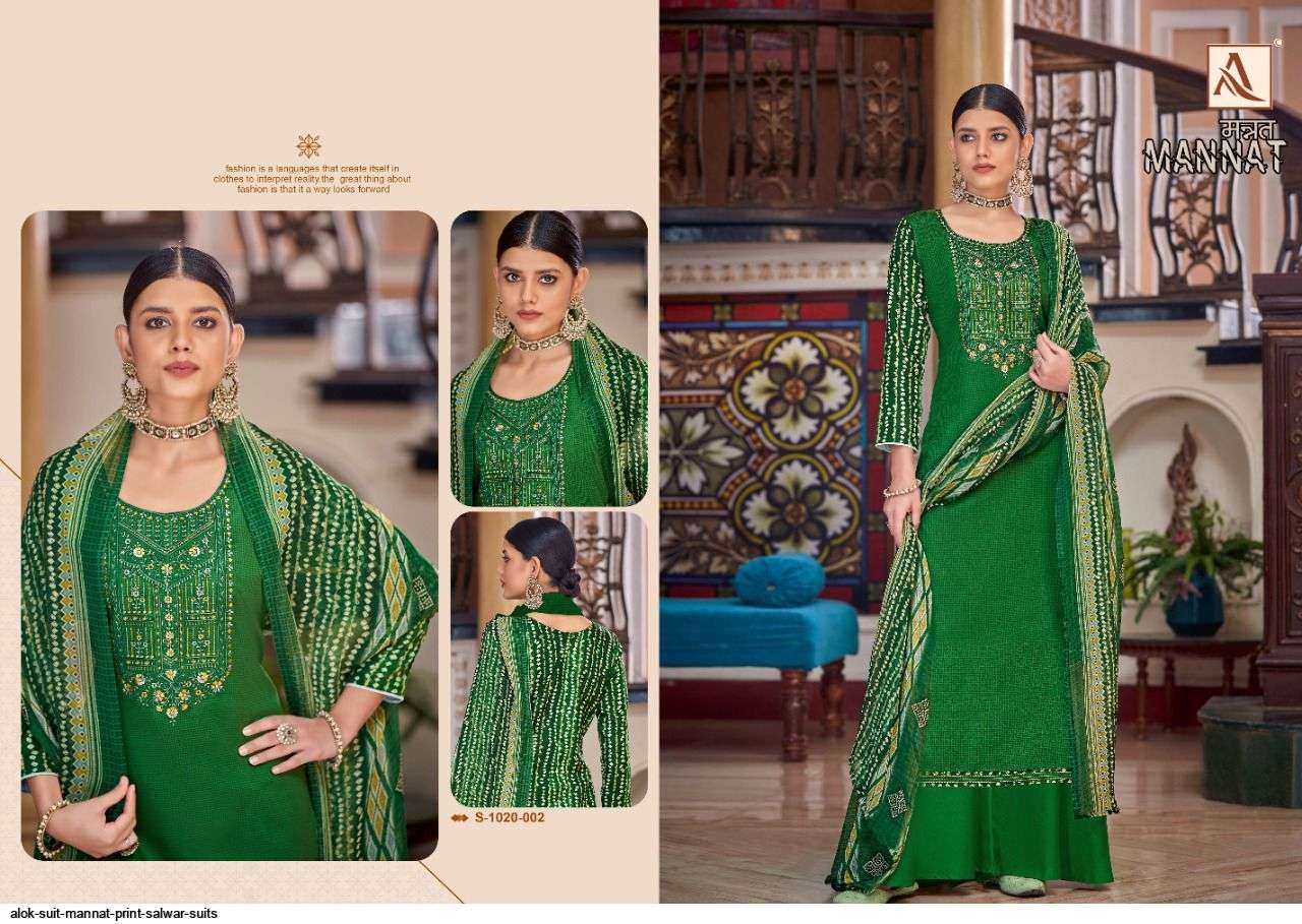 MANNAT 1020 SERIES BY ALOK SUITS 1020-001 TO 1020-010 SERIES BEAUTIFUL STYLISH SUITS FANCY COLORFUL CASUAL WEAR & ETHNIC WEAR & READY TO WEAR PURE JAM PRINT DRESSES AT WHOLESALE PRICE
