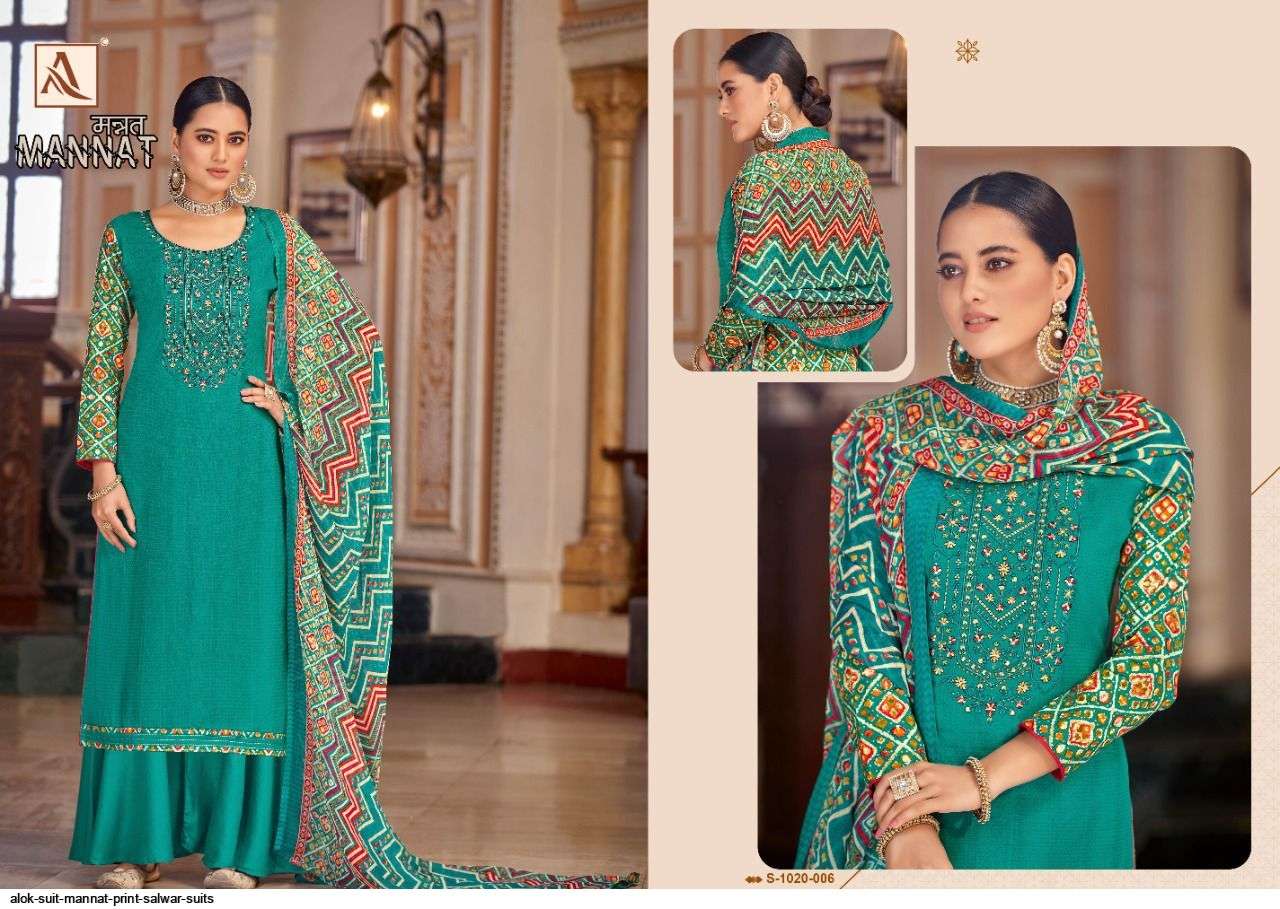 MANNAT 1020 SERIES BY ALOK SUITS 1020-001 TO 1020-010 SERIES BEAUTIFUL STYLISH SUITS FANCY COLORFUL CASUAL WEAR & ETHNIC WEAR & READY TO WEAR PURE JAM PRINT DRESSES AT WHOLESALE PRICE