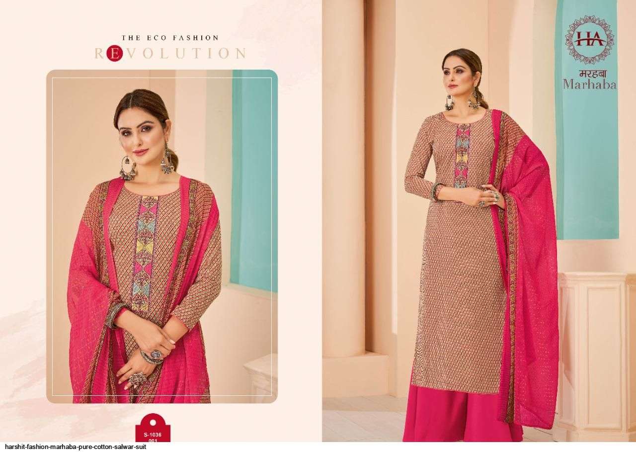 MARHABA BY HARSHIT FASHION HUB 1036-001 TO 1036-008 SERIES BEAUTIFUL SUITS COLORFUL STYLISH FANCY CASUAL WEAR & ETHNIC WEAR PURE COTTON PRINT DRESSES AT WHOLESALE PRICE