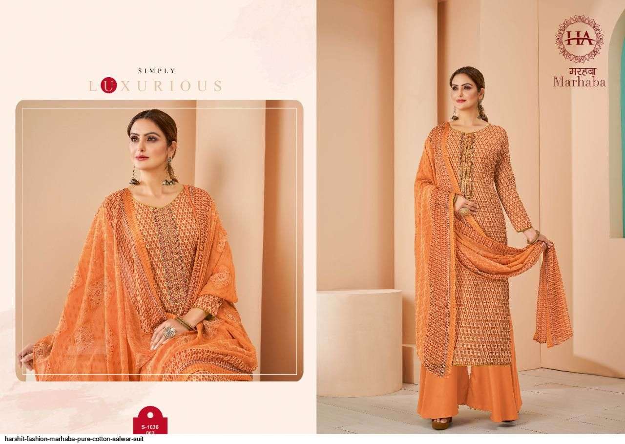 MARHABA BY HARSHIT FASHION HUB 1036-001 TO 1036-008 SERIES BEAUTIFUL SUITS COLORFUL STYLISH FANCY CASUAL WEAR & ETHNIC WEAR PURE COTTON PRINT DRESSES AT WHOLESALE PRICE