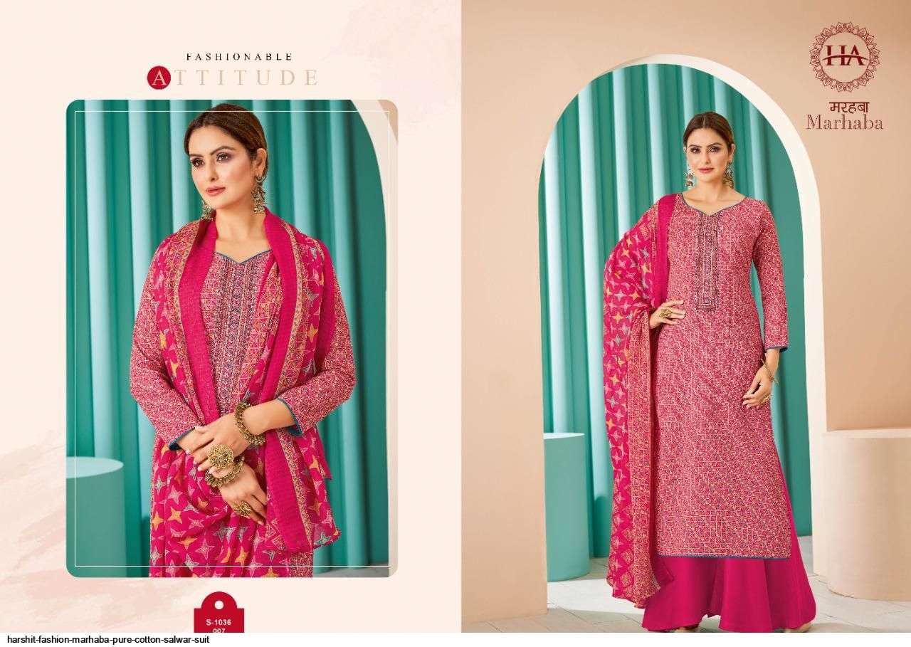 MARHABA BY HARSHIT FASHION HUB 1036-001 TO 1036-008 SERIES BEAUTIFUL SUITS COLORFUL STYLISH FANCY CASUAL WEAR & ETHNIC WEAR PURE COTTON PRINT DRESSES AT WHOLESALE PRICE