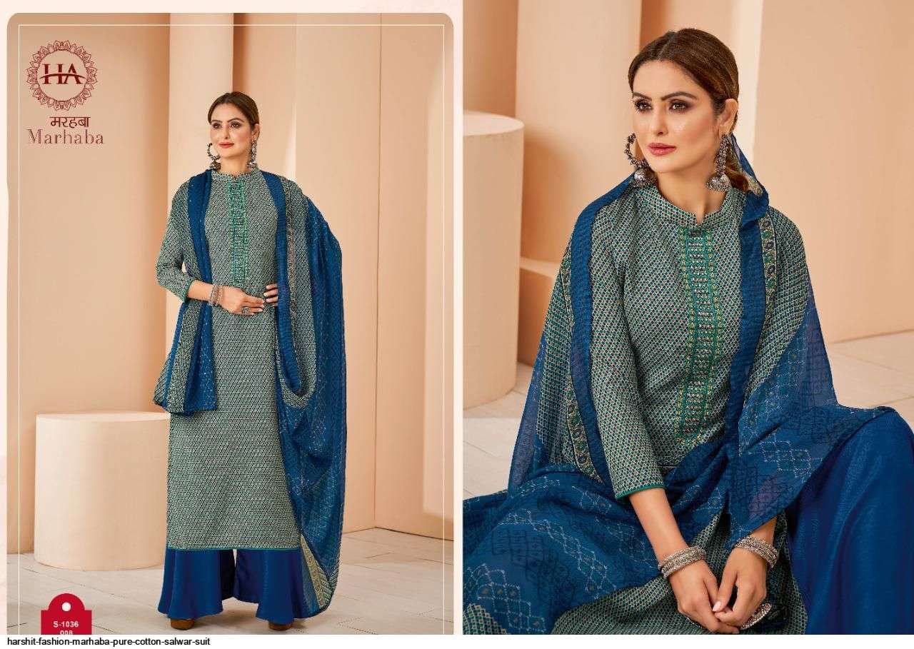 MARHABA BY HARSHIT FASHION HUB 1036-001 TO 1036-008 SERIES BEAUTIFUL SUITS COLORFUL STYLISH FANCY CASUAL WEAR & ETHNIC WEAR PURE COTTON PRINT DRESSES AT WHOLESALE PRICE