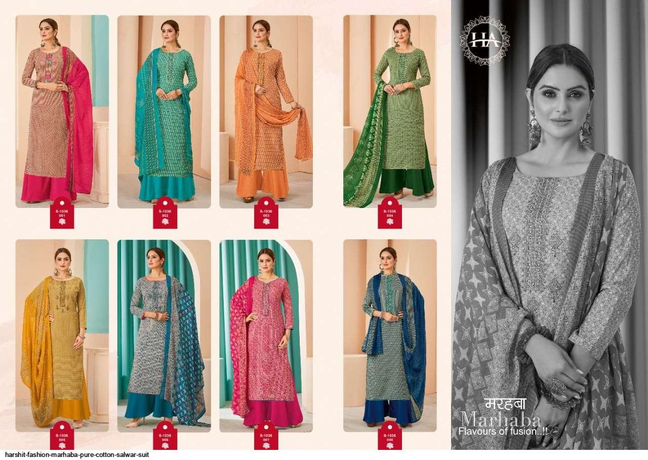 MARHABA BY HARSHIT FASHION HUB 1036-001 TO 1036-008 SERIES BEAUTIFUL SUITS COLORFUL STYLISH FANCY CASUAL WEAR & ETHNIC WEAR PURE COTTON PRINT DRESSES AT WHOLESALE PRICE