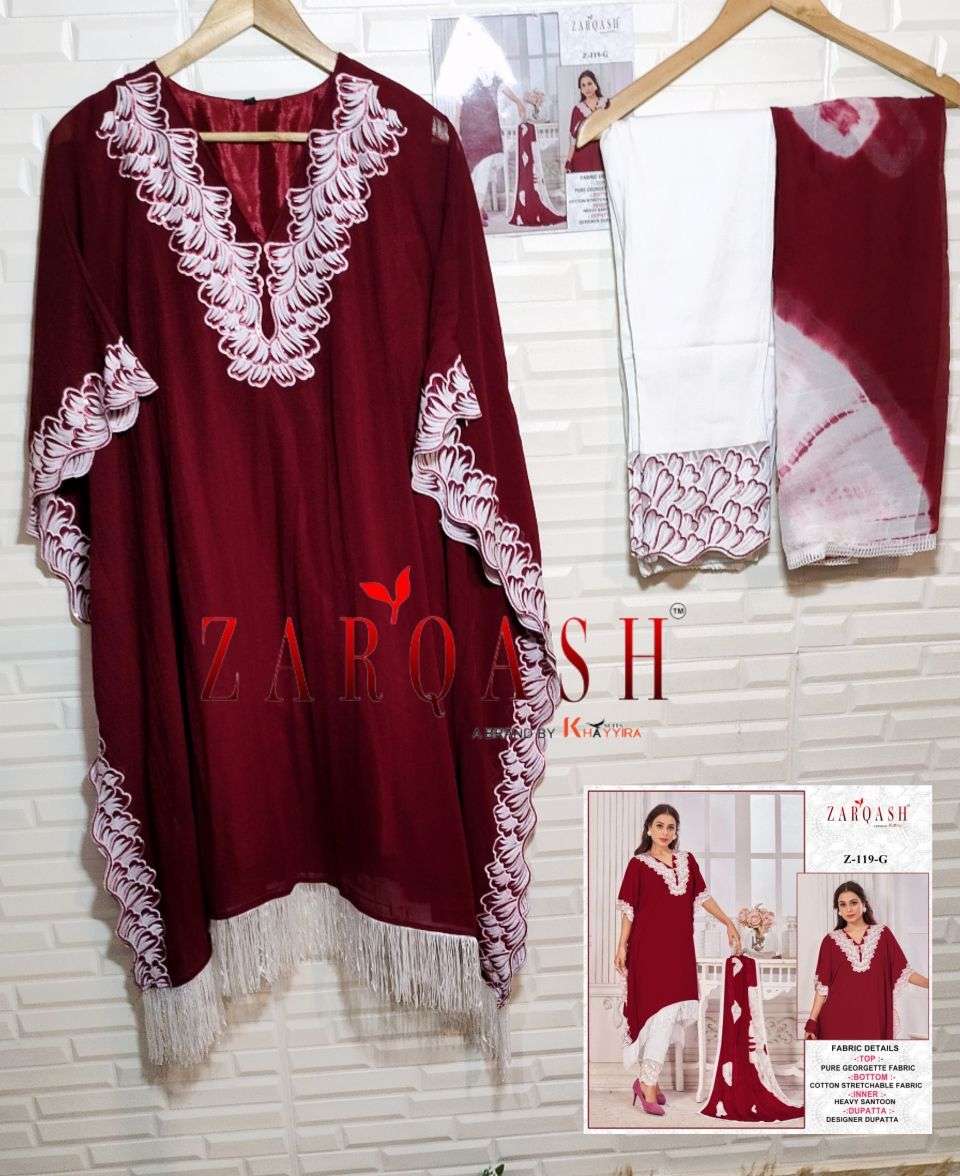 Zarqash Hit Design Z-119 Colours Vol-2 By Zarqash Z-119-E To Z-119-H Series Designer Festive Pakistani Suits Collection Beautiful Stylish Fancy Colorful Party Wear & Occasional Wear Faux Georgette Embroidered Dresses At Wholesale Price