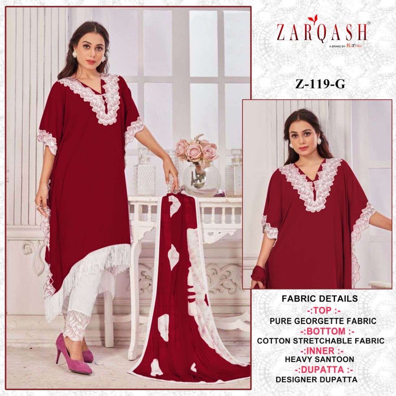 Zarqash Hit Design Z-119 Colours Vol-2 By Zarqash Z-119-E To Z-119-H Series Designer Festive Pakistani Suits Collection Beautiful Stylish Fancy Colorful Party Wear & Occasional Wear Faux Georgette Embroidered Dresses At Wholesale Price