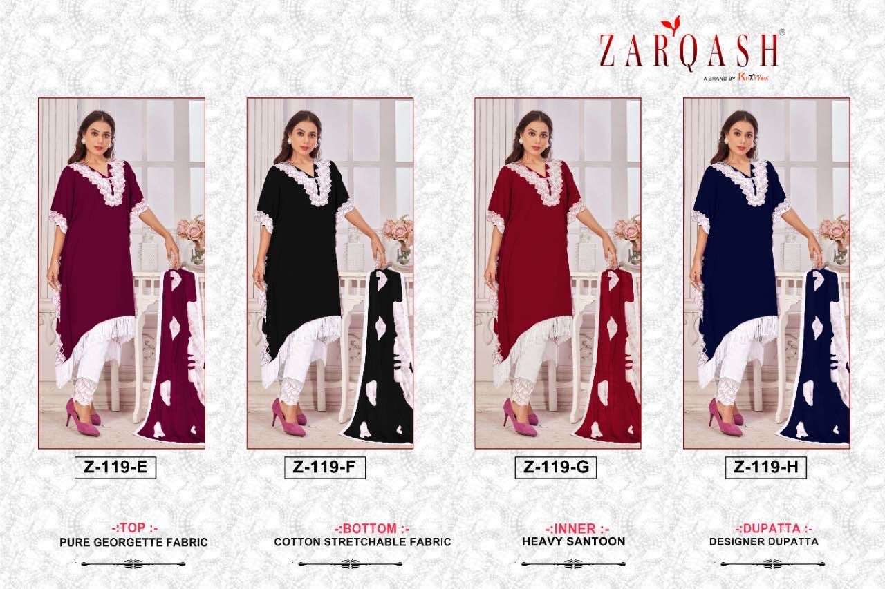 Zarqash Hit Design Z-119 Colours Vol-2 By Zarqash Z-119-E To Z-119-H Series Designer Festive Pakistani Suits Collection Beautiful Stylish Fancy Colorful Party Wear & Occasional Wear Faux Georgette Embroidered Dresses At Wholesale Price