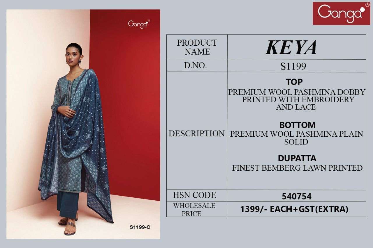 KEYA-1199 BY GANGA FASHION 1199-A TO 1199-D SERIES BEAUTIFUL SUITS COLORFUL STYLISH FANCY CASUAL WEAR & ETHNIC WEAR WOOL PASHMINA DRESSES AT WHOLESALE PRICE
