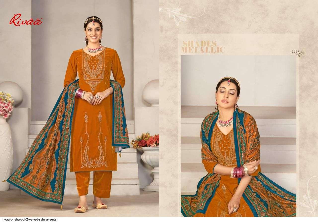 PRISHA VOL-2 BY RIVAA 2393 TO 2399 SERIES FESTIVE SUITS BEAUTIFUL FANCY COLORFUL STYLISH PARTY WEAR & OCCASIONAL WEAR VELVET EMBROIDERY DRESSES AT WHOLESALE PRICE