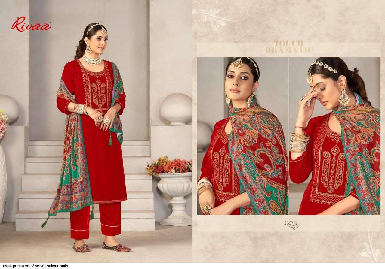 PRISHA VOL-2 BY RIVAA 2393 TO 2399 SERIES FESTIVE SUITS BEAUTIFUL FANCY COLORFUL STYLISH PARTY WEAR & OCCASIONAL WEAR VELVET EMBROIDERY DRESSES AT WHOLESALE PRICE