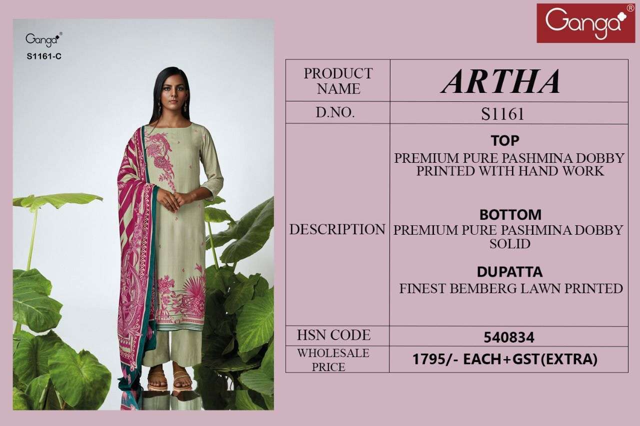 ARTHA-1161 BY GANGA FASHION 1161-A TO 1161-D SERIES WINTER SUITS BEAUTIFUL FANCY COLORFUL STYLISH PARTY WEAR & OCCASIONAL WEAR PURE PASHMINA PRINT WITH WORK DRESSES AT WHOLESALE PRICE