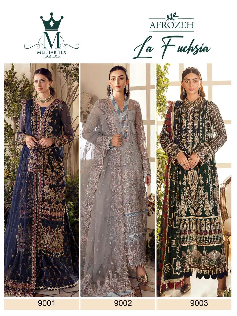 AFROZEH BY MEHTAB TEX 9001 TO 9003 SERIES BEAUTIFUL STYLISH PAKISTANI SUITS FANCY COLORFUL CASUAL WEAR & ETHNIC WEAR & READY TO WEAR FAUX GEORGETTE/NET EMBROIDERY DRESSES AT WHOLESALE PRICE