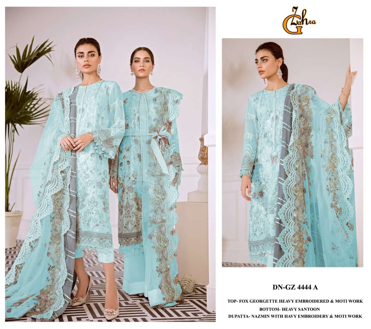 G ZAHRA HIT DESIGN 4444 COLOURS BY FASHID WHOLESALE 4444-A TO 4444-D SERIES BEAUTIFUL STYLISH PAKISTANI SUITS FANCY COLORFUL CASUAL WEAR & ETHNIC WEAR & READY TO WEAR FAUX GEORGETTE EMBROIDERY DRESSES AT WHOLESALE PRICE