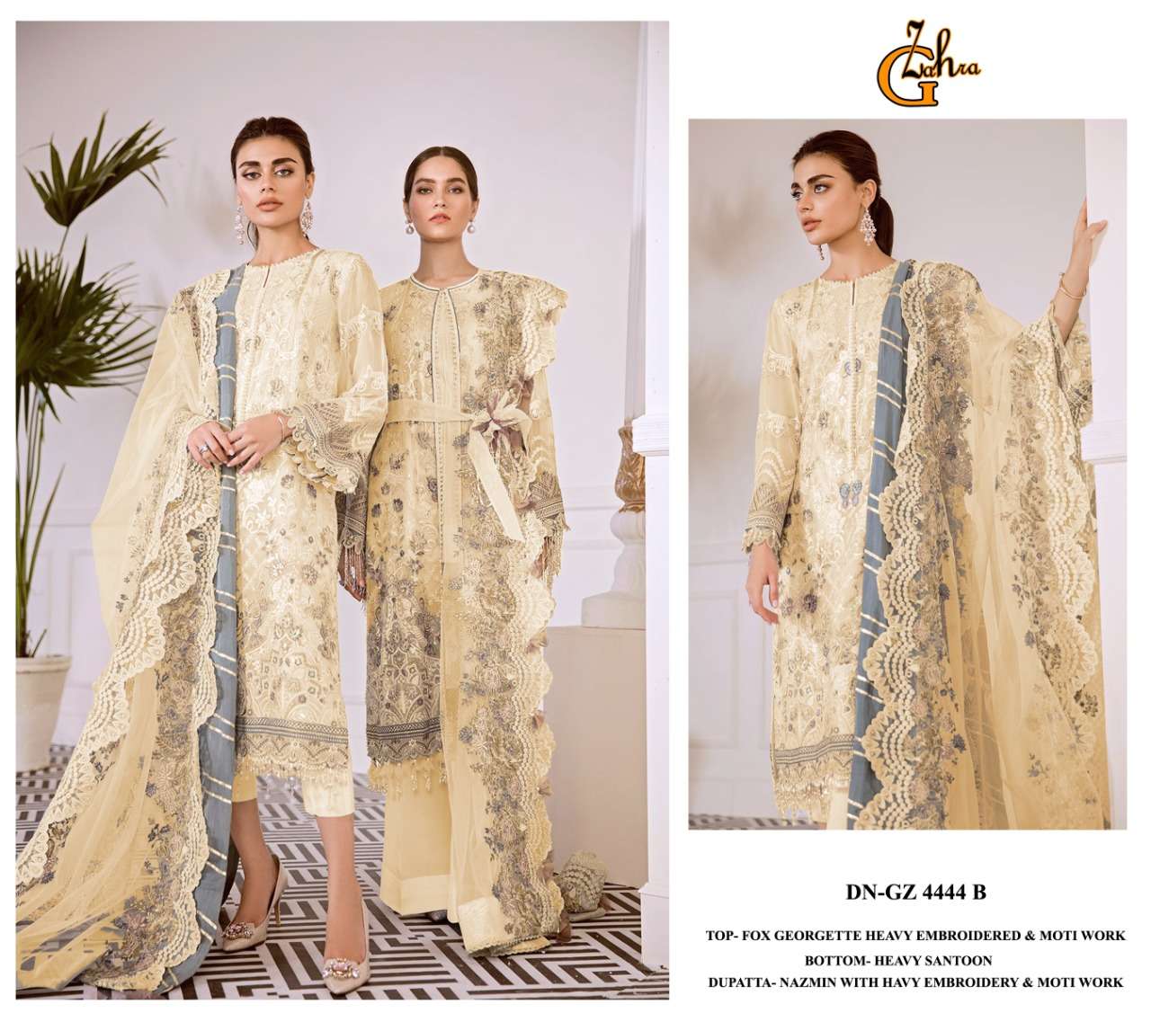 G ZAHRA HIT DESIGN 4444 COLOURS BY FASHID WHOLESALE 4444-A TO 4444-D SERIES BEAUTIFUL STYLISH PAKISTANI SUITS FANCY COLORFUL CASUAL WEAR & ETHNIC WEAR & READY TO WEAR FAUX GEORGETTE EMBROIDERY DRESSES AT WHOLESALE PRICE