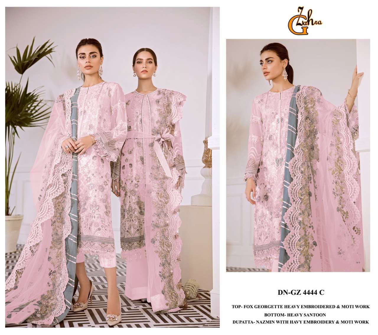 G ZAHRA HIT DESIGN 4444 COLOURS BY FASHID WHOLESALE 4444-A TO 4444-D SERIES BEAUTIFUL STYLISH PAKISTANI SUITS FANCY COLORFUL CASUAL WEAR & ETHNIC WEAR & READY TO WEAR FAUX GEORGETTE EMBROIDERY DRESSES AT WHOLESALE PRICE