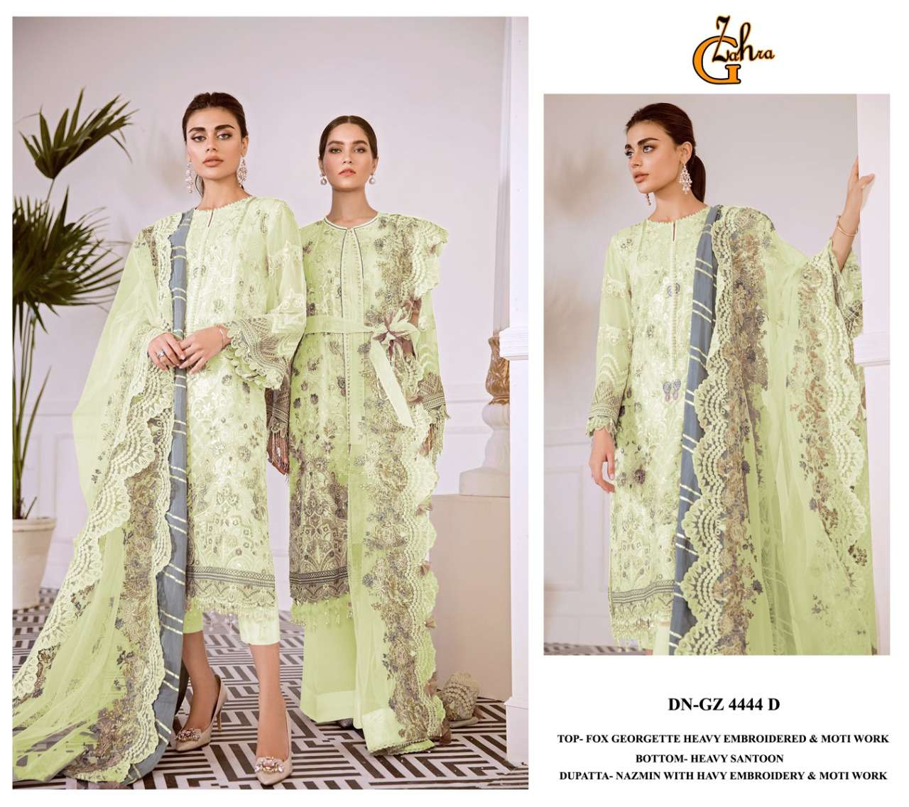 G ZAHRA HIT DESIGN 4444 COLOURS BY FASHID WHOLESALE 4444-A TO 4444-D SERIES BEAUTIFUL STYLISH PAKISTANI SUITS FANCY COLORFUL CASUAL WEAR & ETHNIC WEAR & READY TO WEAR FAUX GEORGETTE EMBROIDERY DRESSES AT WHOLESALE PRICE