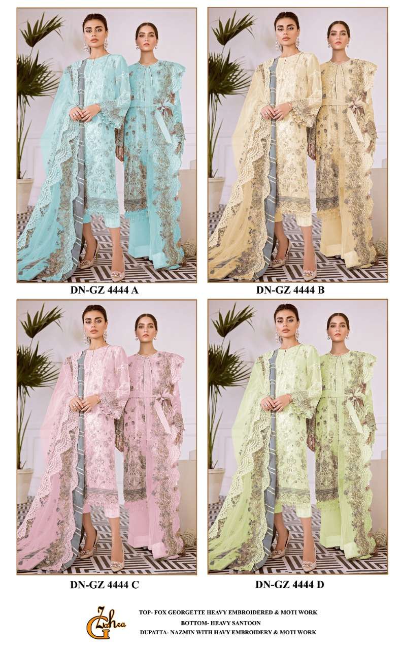 G ZAHRA HIT DESIGN 4444 COLOURS BY FASHID WHOLESALE 4444-A TO 4444-D SERIES BEAUTIFUL STYLISH PAKISTANI SUITS FANCY COLORFUL CASUAL WEAR & ETHNIC WEAR & READY TO WEAR FAUX GEORGETTE EMBROIDERY DRESSES AT WHOLESALE PRICE