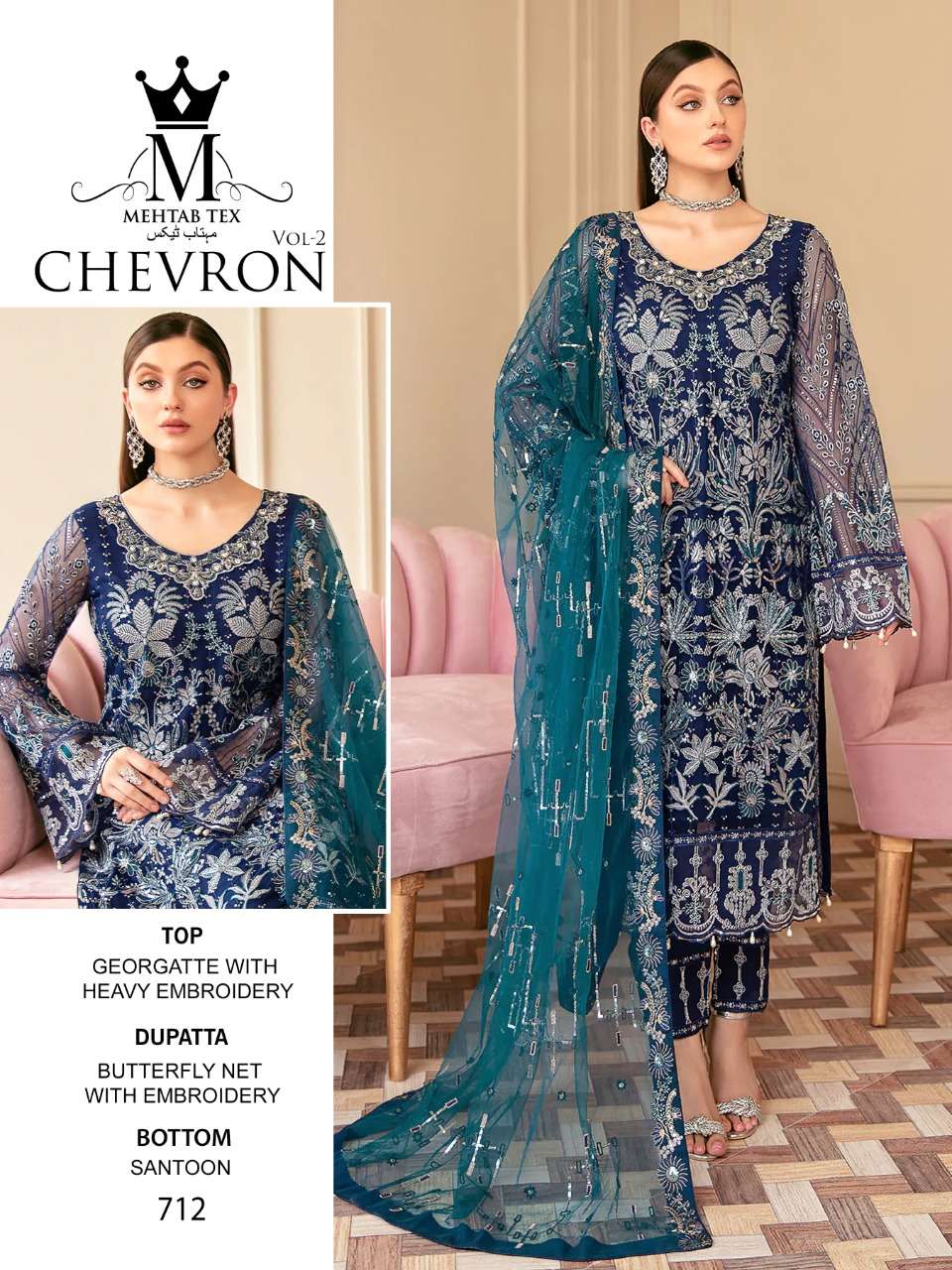 Chevron Vol-2 By Mehtab Tex 710 To 712 Series Designer Pakistani Suits Beautiful Fancy Colorful Stylish Party Wear & Occasional Wear Georgette Embroidered Dresses At Wholesale Price