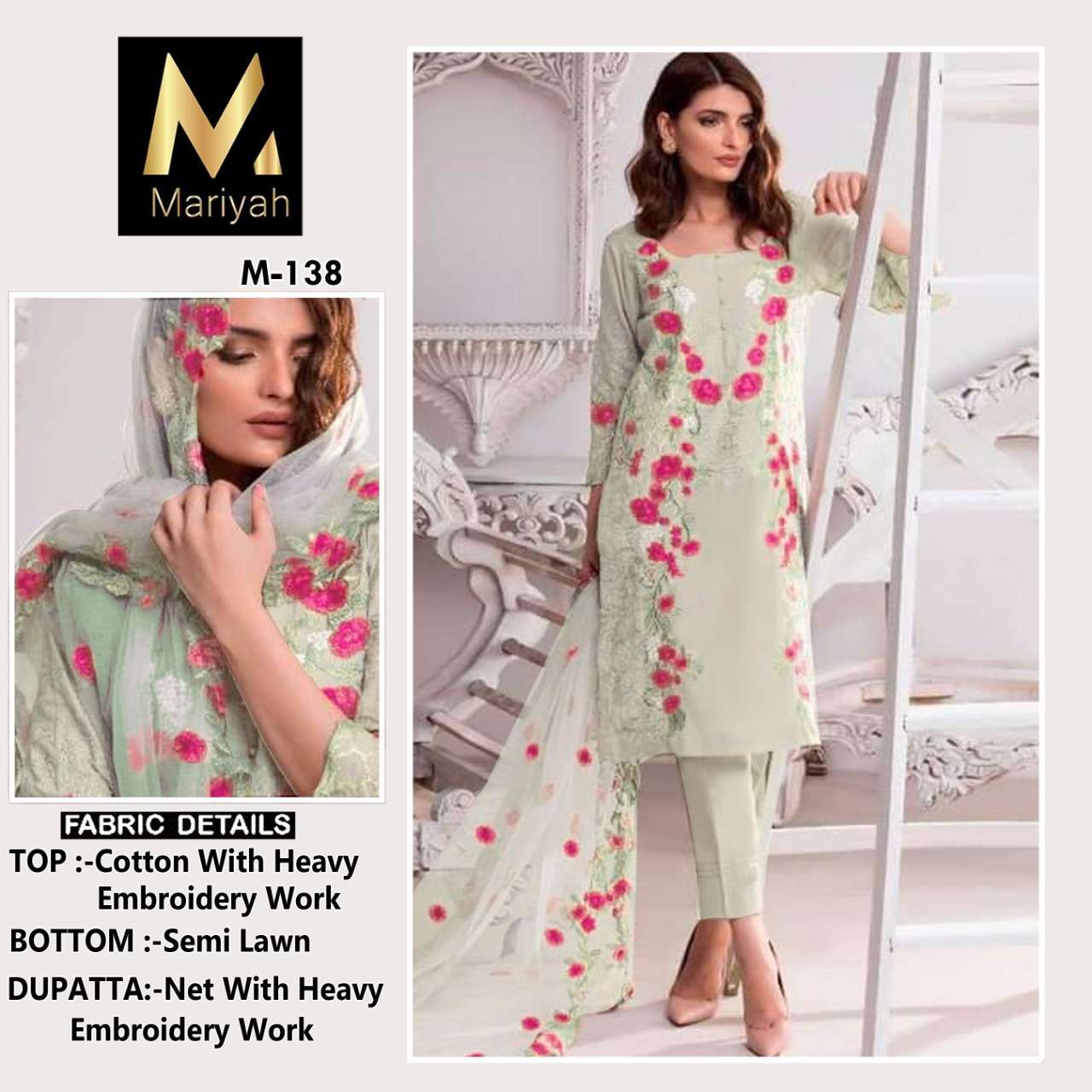 MARIYAH HIT DESIGN M-138 BY MARIYAH PAKISTANI SUITS BEAUTIFUL FANCY COLORFUL STYLISH PARTY WEAR & OCCASIONAL WEAR COTTON EMBROIDERY DRESSES AT WHOLESALE PRICE