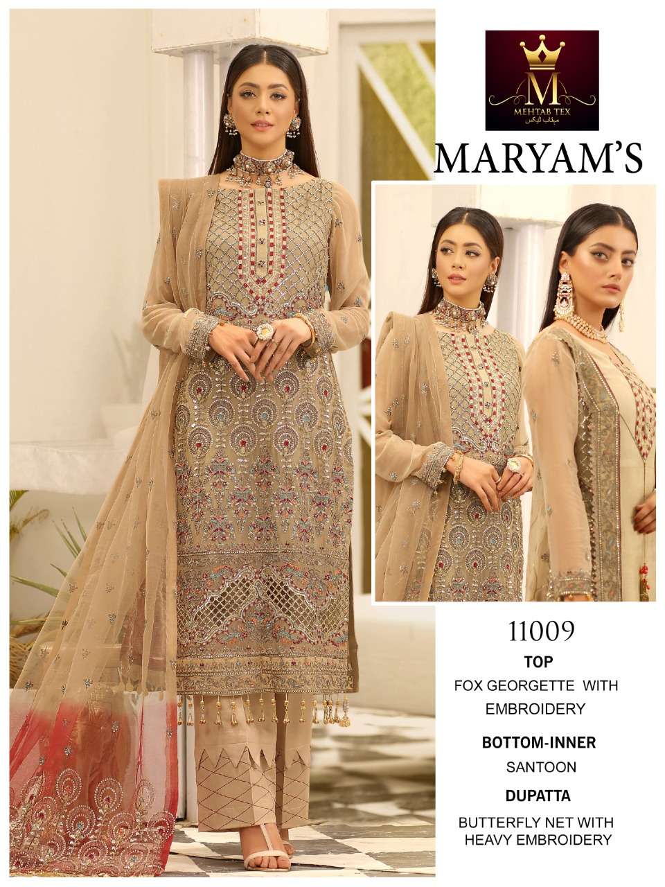 Maryams By Mehtab Tex 11007 To 11009 Series Designer Pakistani Suits Beautiful Fancy Colorful Stylish Party Wear & Occasional Wear Faux Georgette Embroidered Dresses At Wholesale Price