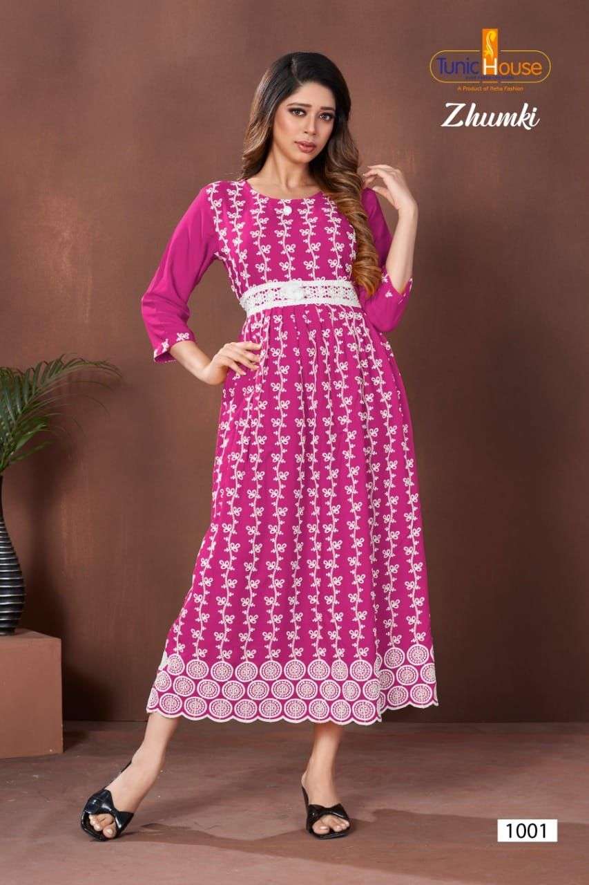 ZHUMKI BY TUNIC HOUSE 1000 TO 1012 SERIES STYLISH FANCY BEAUTIFUL COLORFUL CASUAL WEAR & ETHNIC WEAR HEAVY VISCOSE RAYON WITH WORK GOWNS AT WHOLESALE PRICE