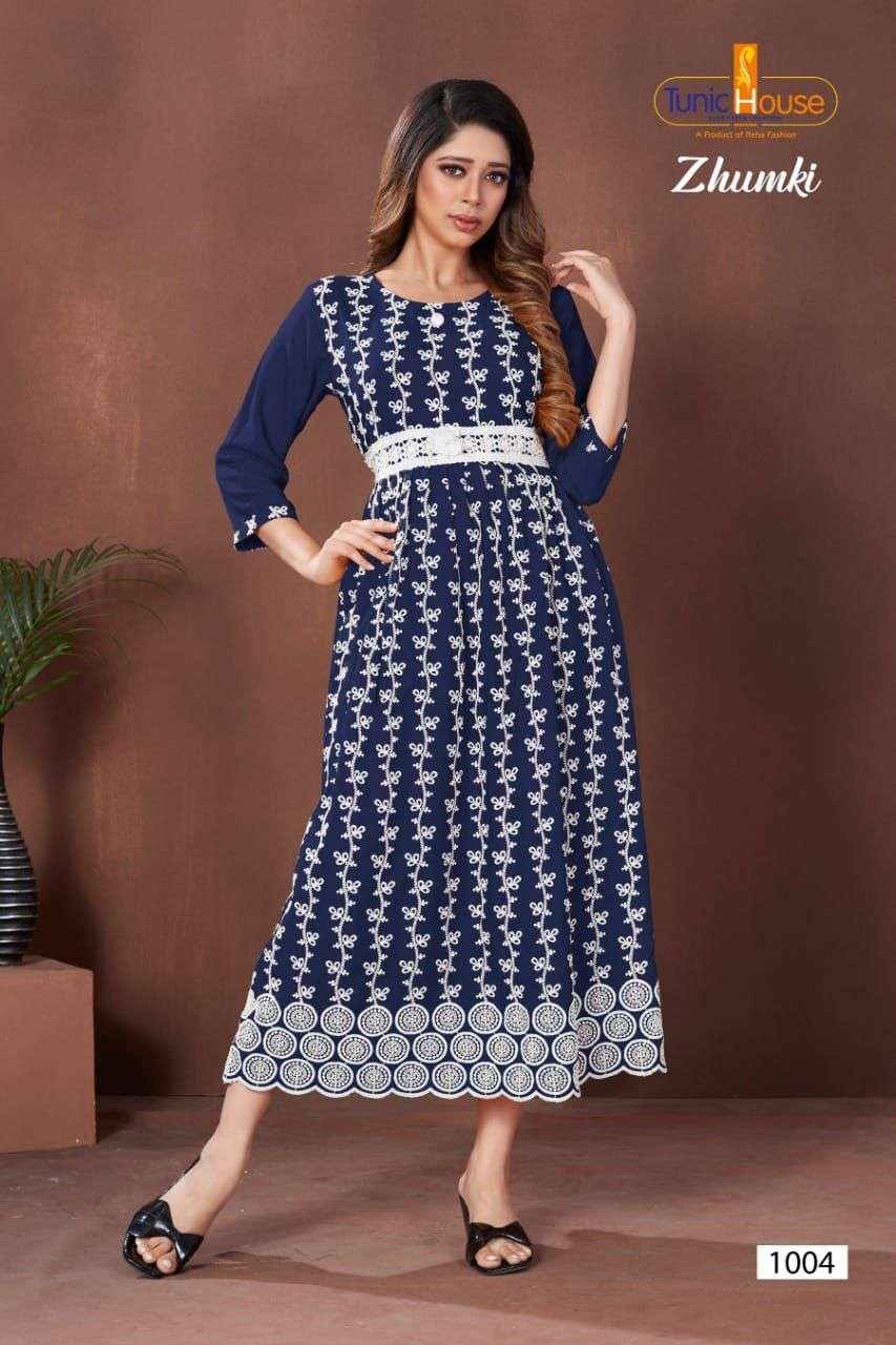 ZHUMKI BY TUNIC HOUSE 1000 TO 1012 SERIES STYLISH FANCY BEAUTIFUL COLORFUL CASUAL WEAR & ETHNIC WEAR HEAVY VISCOSE RAYON WITH WORK GOWNS AT WHOLESALE PRICE