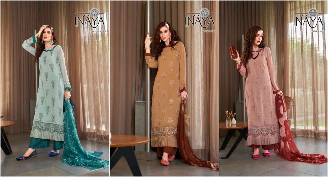 LUXURY PRET COLLECTION VOL-163 BY INAYA 01 TO 03 SERIES BEAUTIFUL STYLISH PAKISTANI SUITS FANCY COLORFUL CASUAL WEAR & ETHNIC WEAR & READY TO WEAR PURE GEORGETTE EMBROIDERY DRESSES AT WHOLESALE PRICE