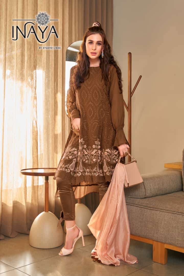 LUXURY PRET COLLECTION VOL-162 BY INAYA 01 TO 03 SERIES BEAUTIFUL STYLISH PAKISTANI SUITS FANCY COLORFUL CASUAL WEAR & ETHNIC WEAR & READY TO WEAR PURE GEORGETTE EMBROIDERY DRESSES AT WHOLESALE PRICE