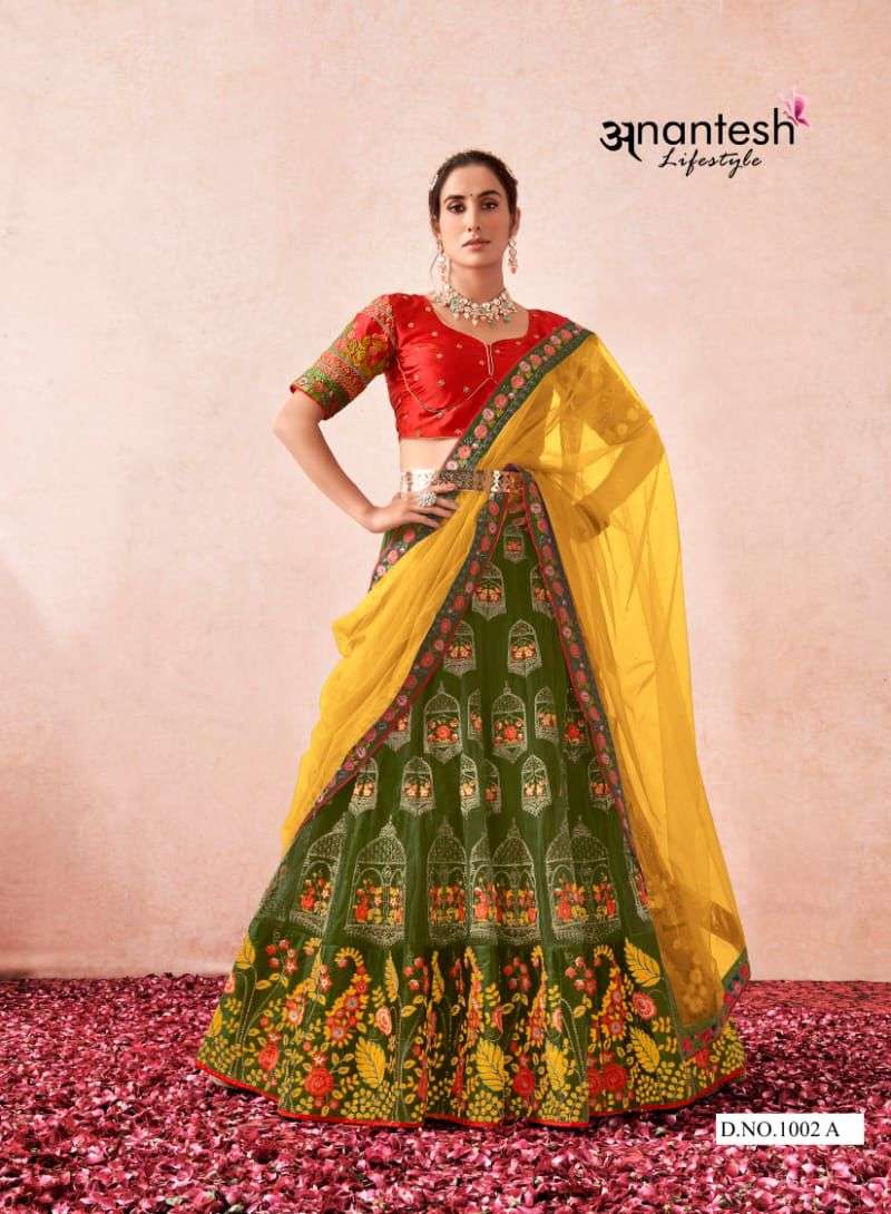 FLAIRY BEATS COLOURS BY ANANTESH 1002 TO 1002-A SERIES DESIGNER BEAUTIFUL WEDDING BRIDAL COLLECTION OCCASIONAL WEAR & PARTY WEAR HEAVY NET LEHENGAS AT WHOLESALE PRICE