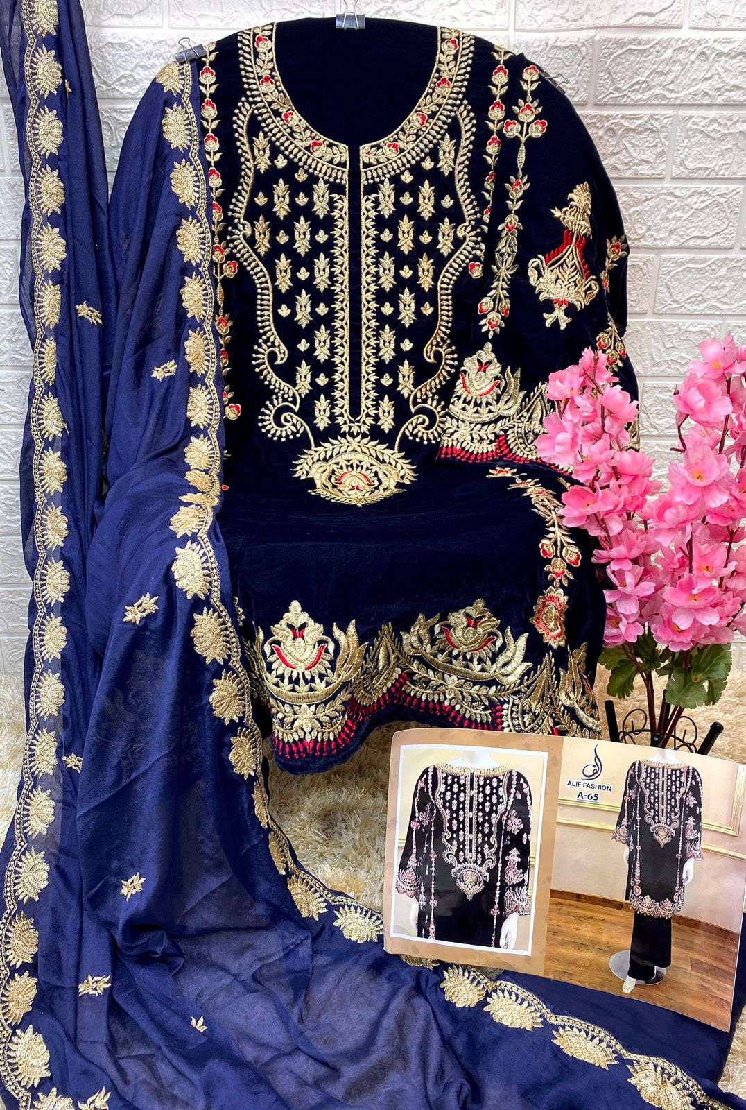 ALIF HIT DESIGN A-65 BY ALIF FASHION BEAUTIFUL PAKISTANI SUITS COLORFUL STYLISH FANCY CASUAL WEAR & ETHNIC WEAR PURE SOFT VELVET EMBROIDERED DRESSES AT WHOLESALE PRICE